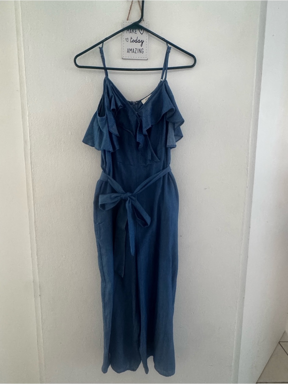 Umgee Blue One-Shoulder Ruffle Jumpsuit with Waist Tie
